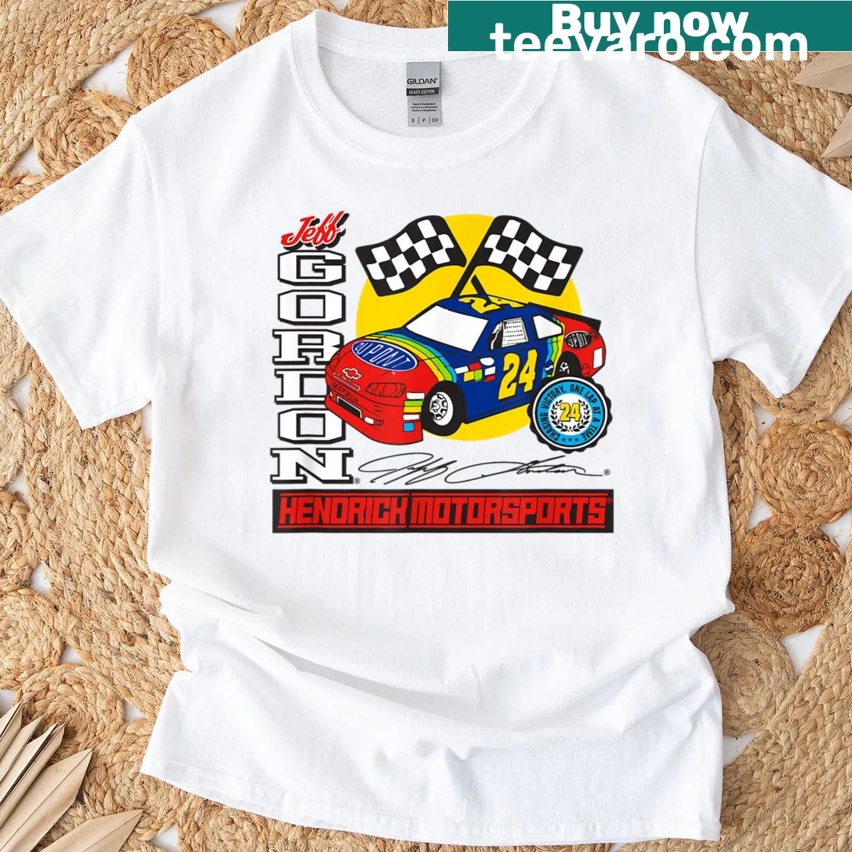 Officially licensed T-shirt featuring Jeff Gordon's number 24 car and team emblem. — on a men's t-shirt