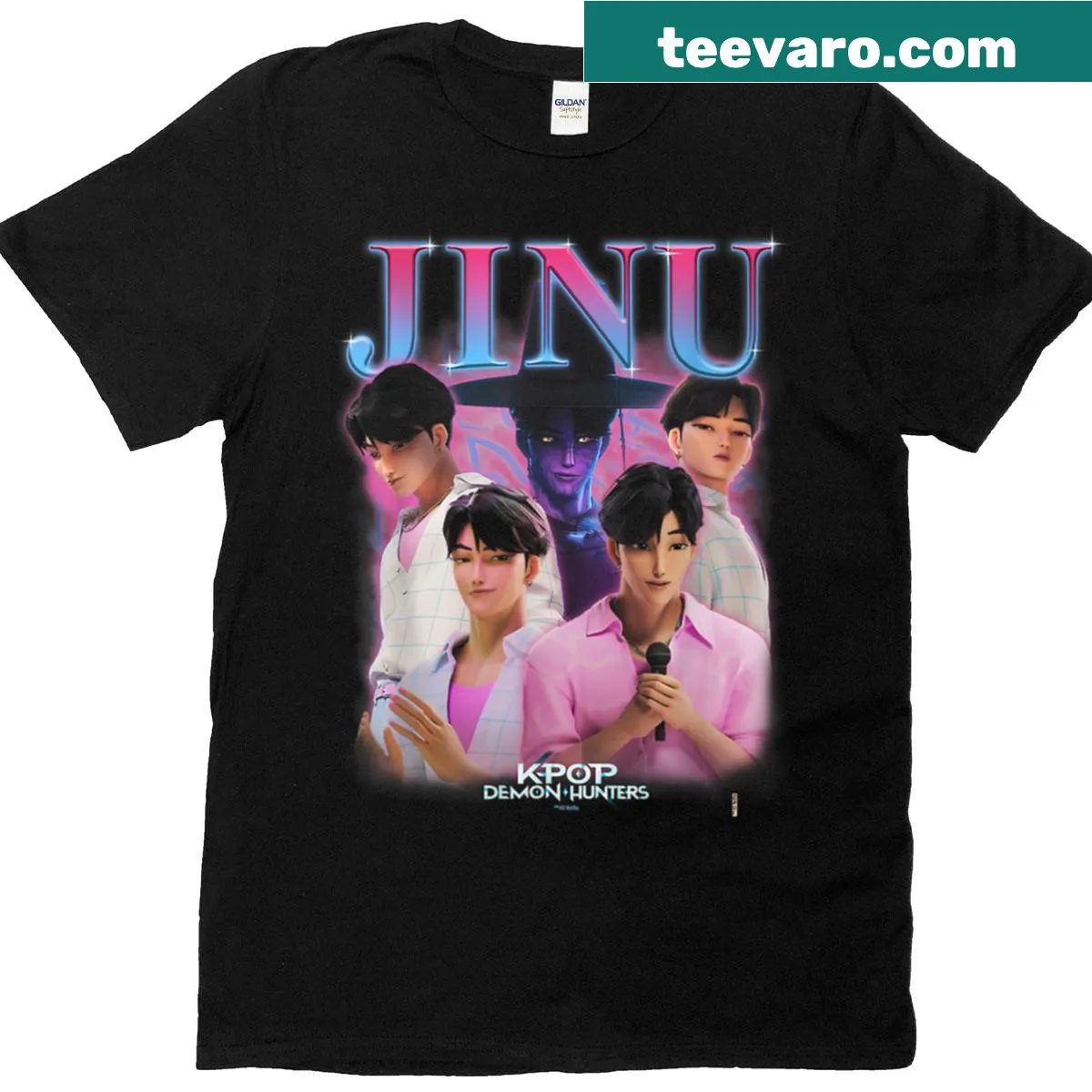 Oversized T-shirt featuring an illustration of Jinu Heartthrob, appealing to youth culture. — on a men's t-shirt