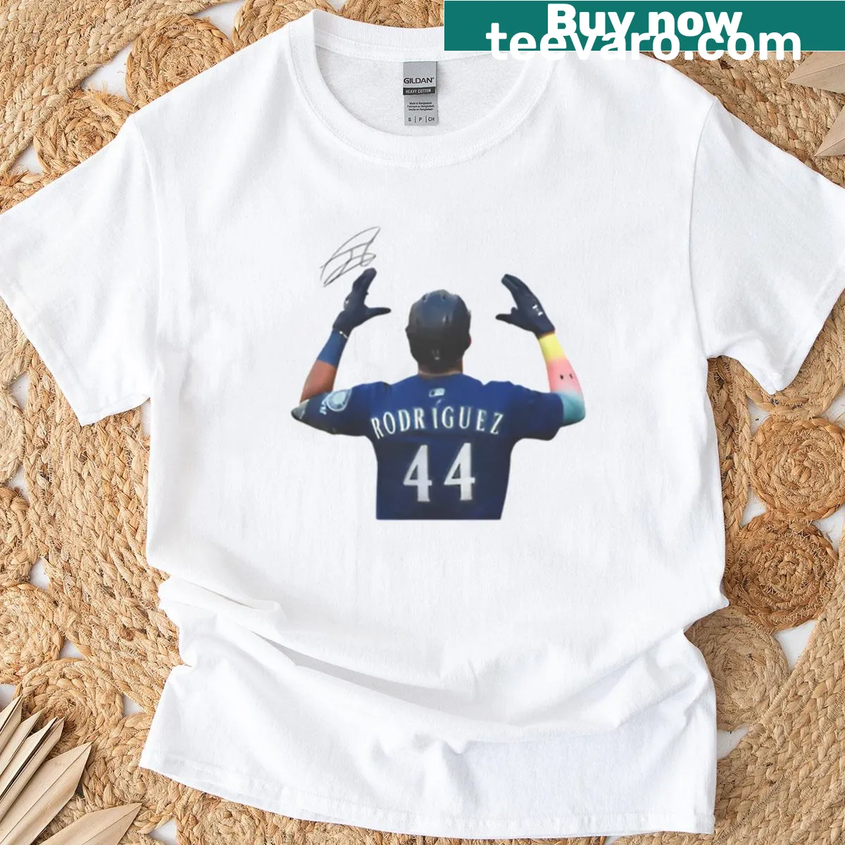 Graphic tee featuring Julio Rodriguez and Mariners baseball design. — on a men's t-shirt