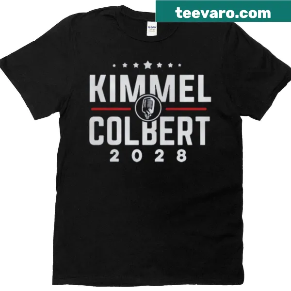 Bold typography T-shirt featuring 'Kimmel Colbert 2028' for political satire.