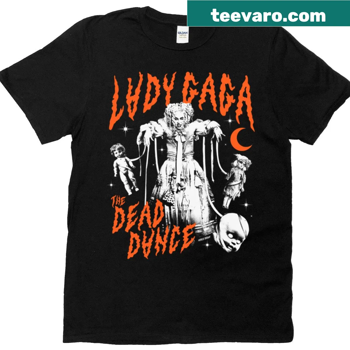 Bold text shirt celebrating Lady Gaga and The Dead Dance — on a men's t-shirt