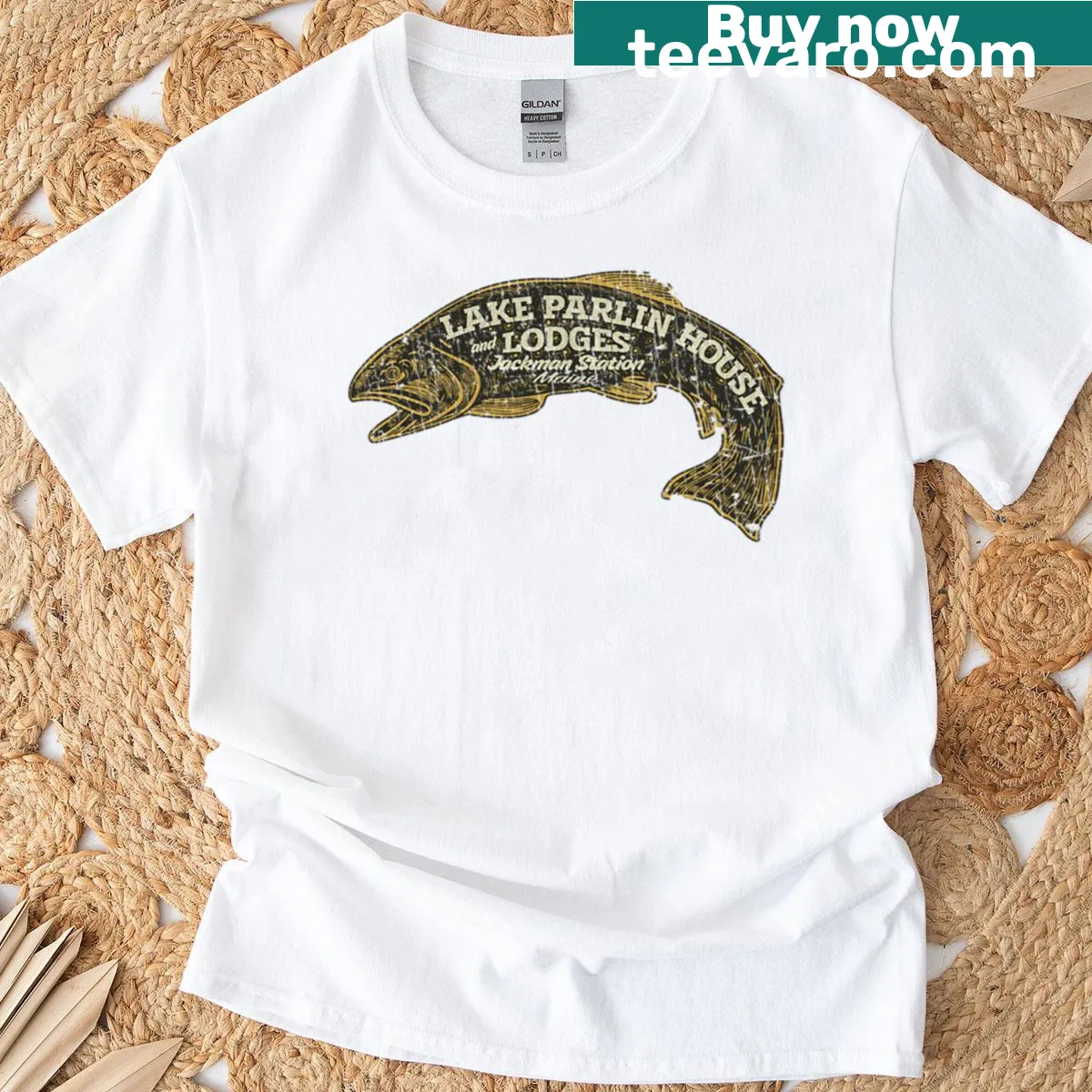 Vintage distressed Lake Parlin House Lodges T-shirt design — on a men's t-shirt