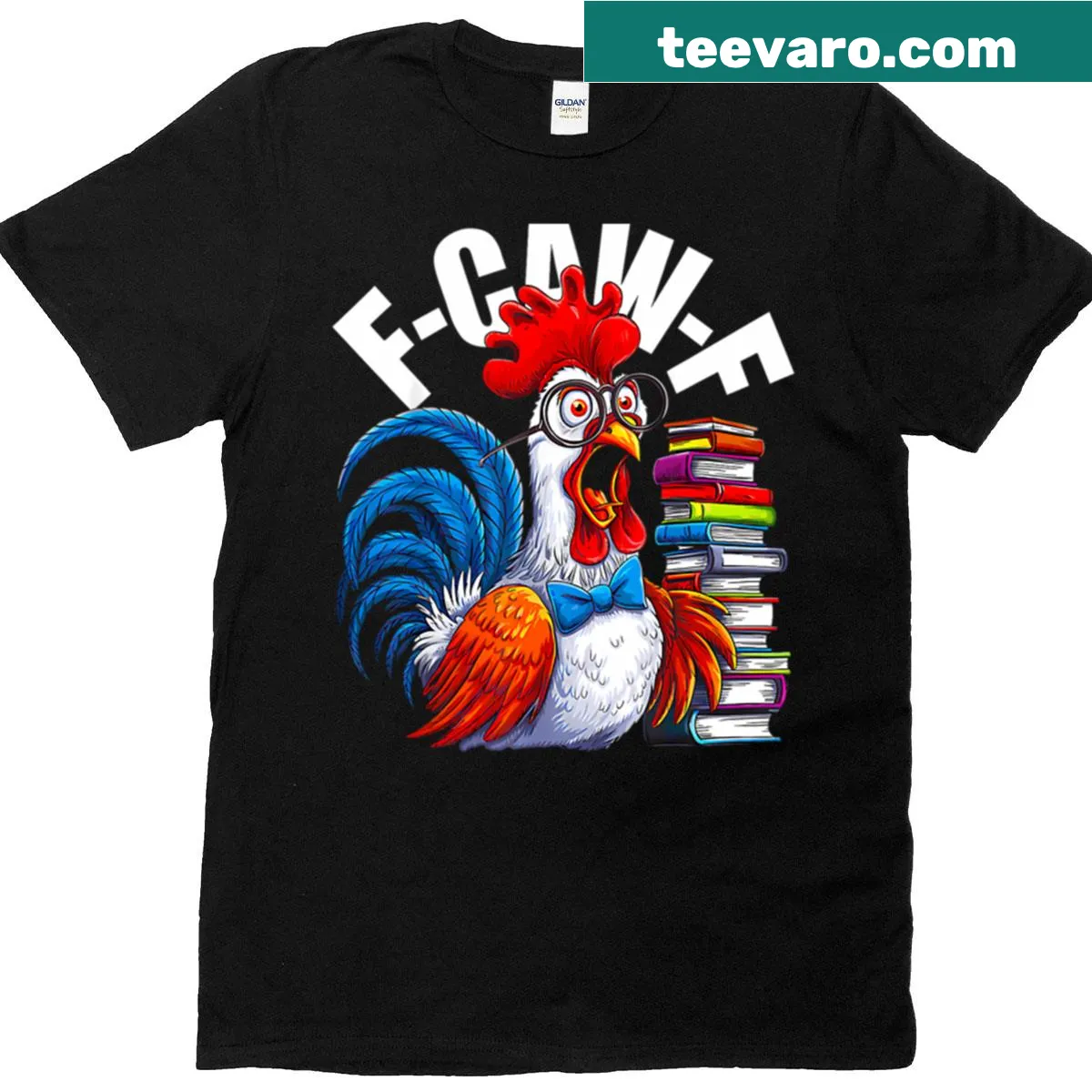 Funny farmyard T-shirt with cartoon chicken and humorous text — on a men's t-shirt