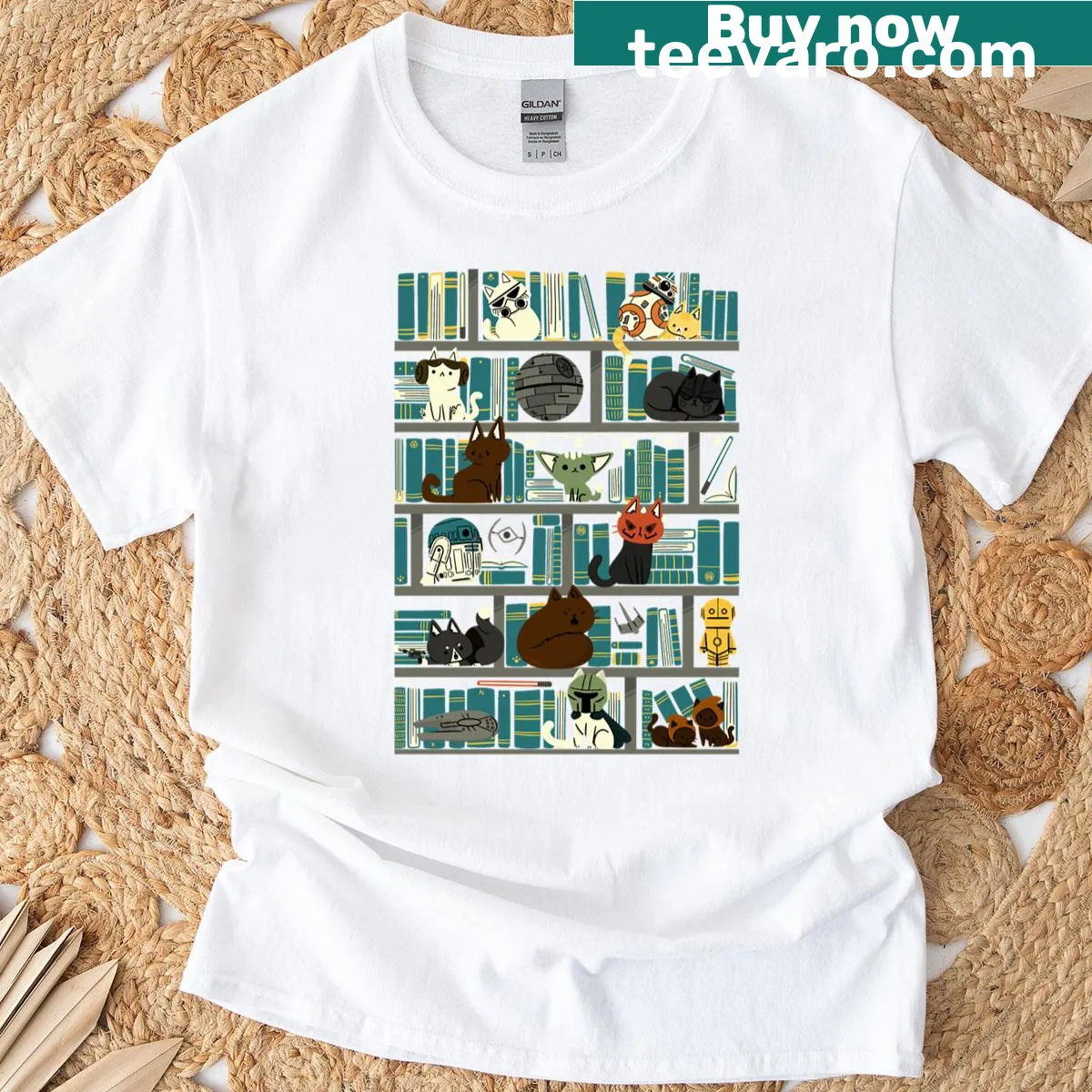 Cartoon design of kittens in a library for cat lovers — on a men's t-shirt