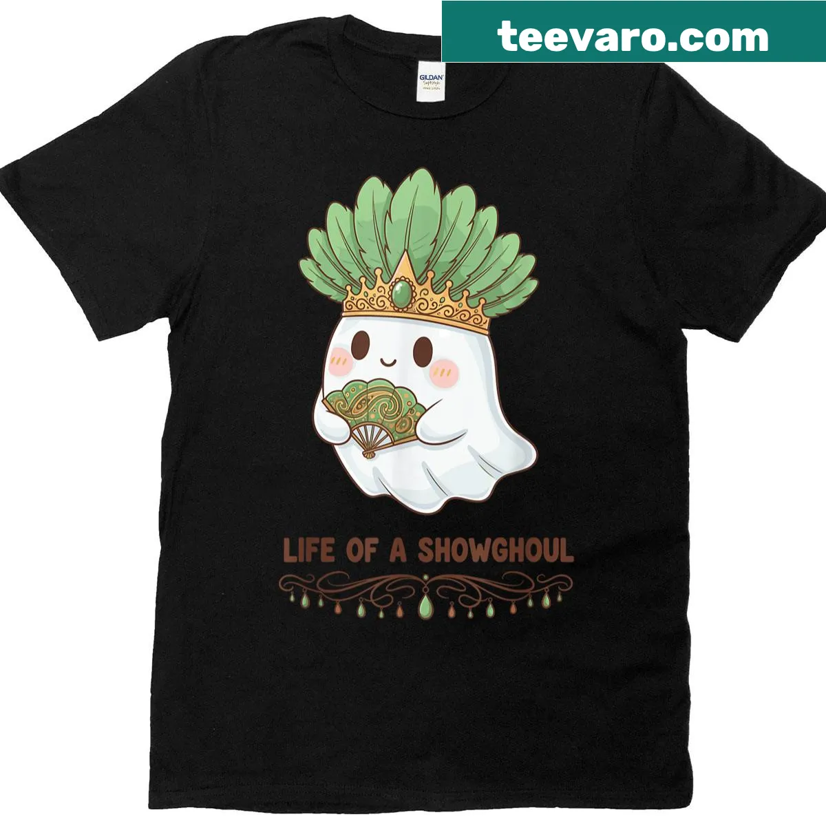 Kawaii ghost in showgirl attire on a cute graphic T-shirt — on a men's t-shirt