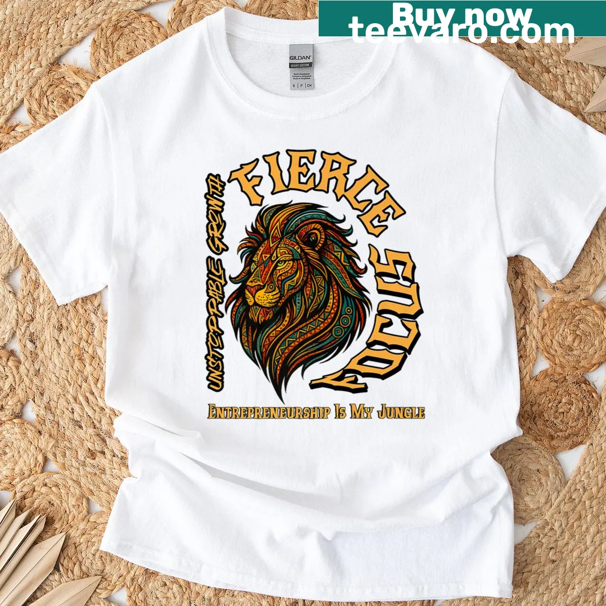 Lion graphic T-shirt with motivational entrepreneurship slogan. — on a men's t-shirt