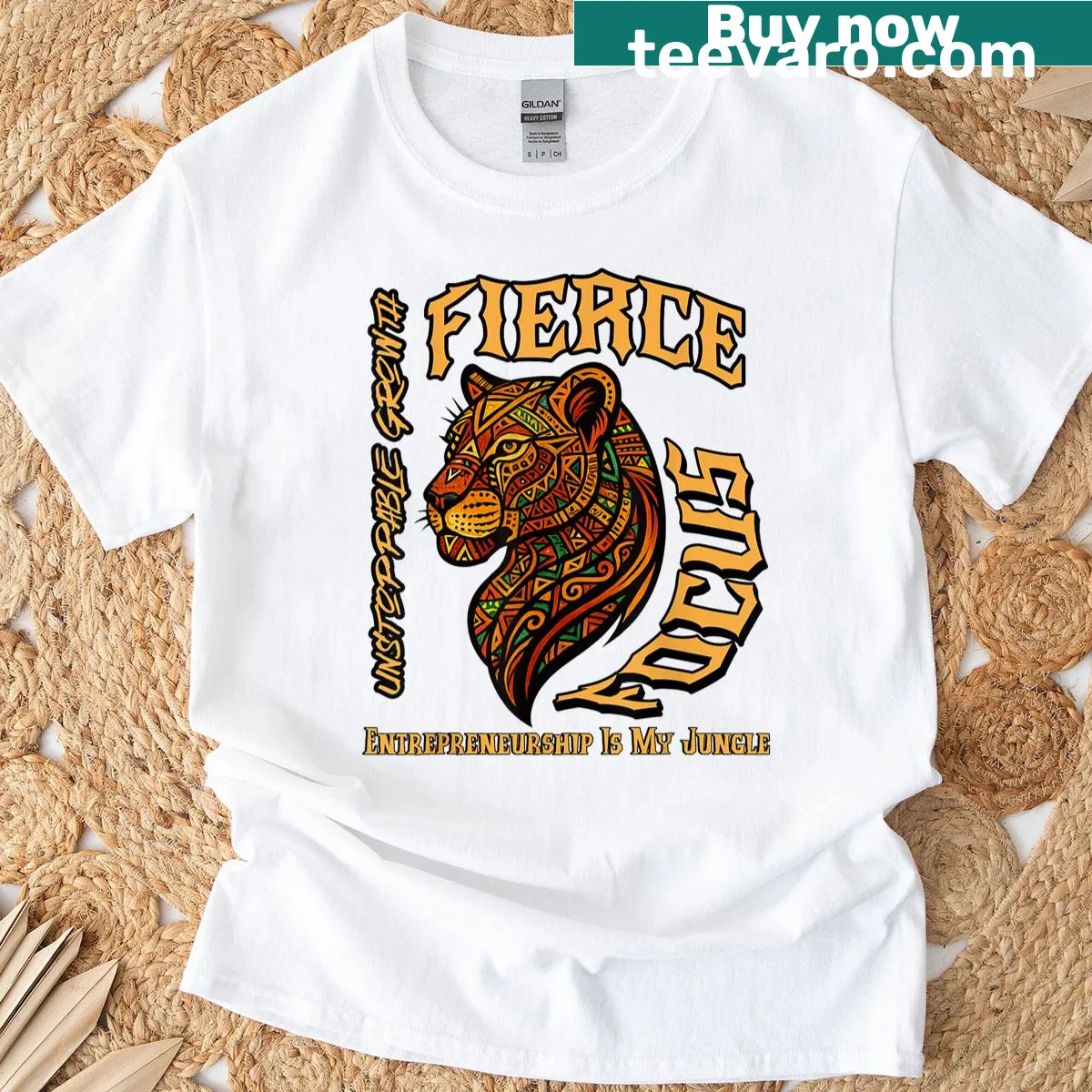 Bold tribal design on a Lioness Entrepreneurship T-shirt — on a men's t-shirt