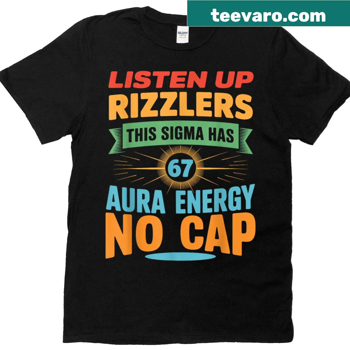 Humorous meme T-shirt with the phrase 'Listen Up Rizzlers' and aura energy text. — on a men's t-shirt