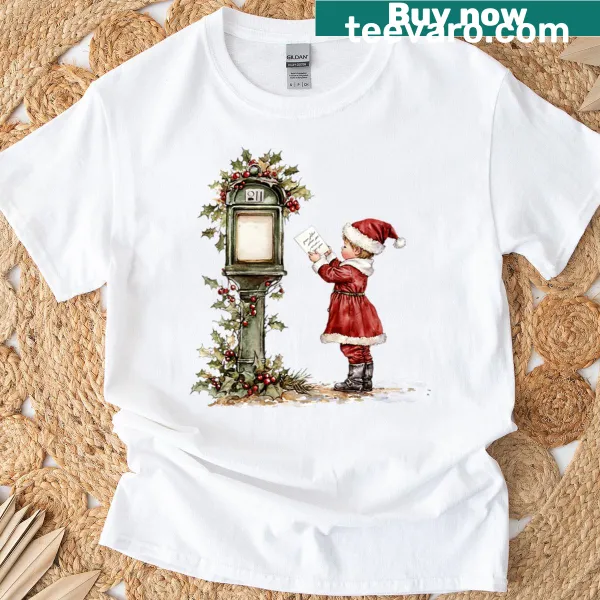 Cute illustration of a boy mailing a Christmas letter on a t-shirt