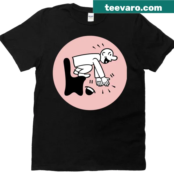 Cartoon t-shirt featuring a playful illustration about a little man out of his chair