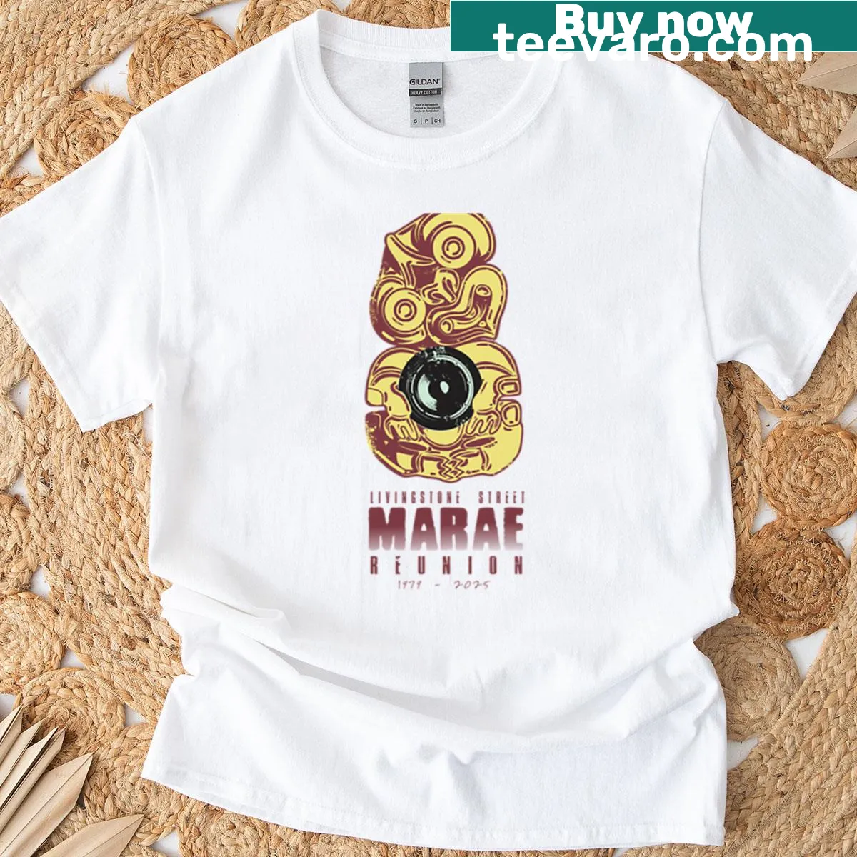 Oversized reunion t-shirt featuring Livingston Street Marae design — on a men's t-shirt