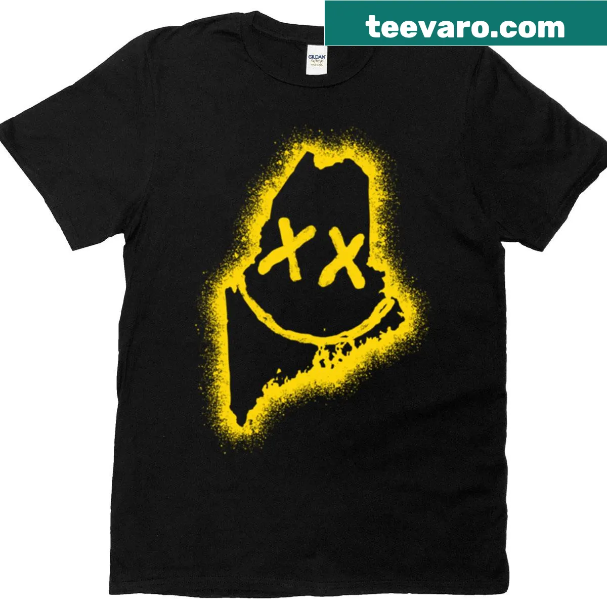 Grunge smiley face Maine state outline T-shirt — on a men's t-shirt