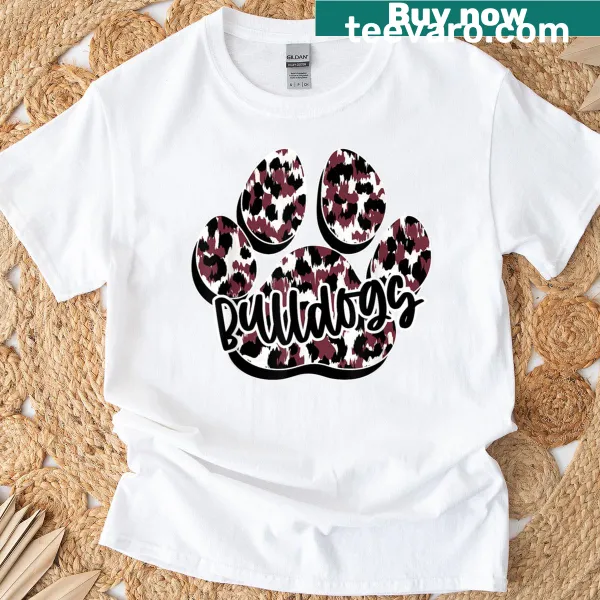 School spirit T-shirt with maroon bulldog and leopard paw print