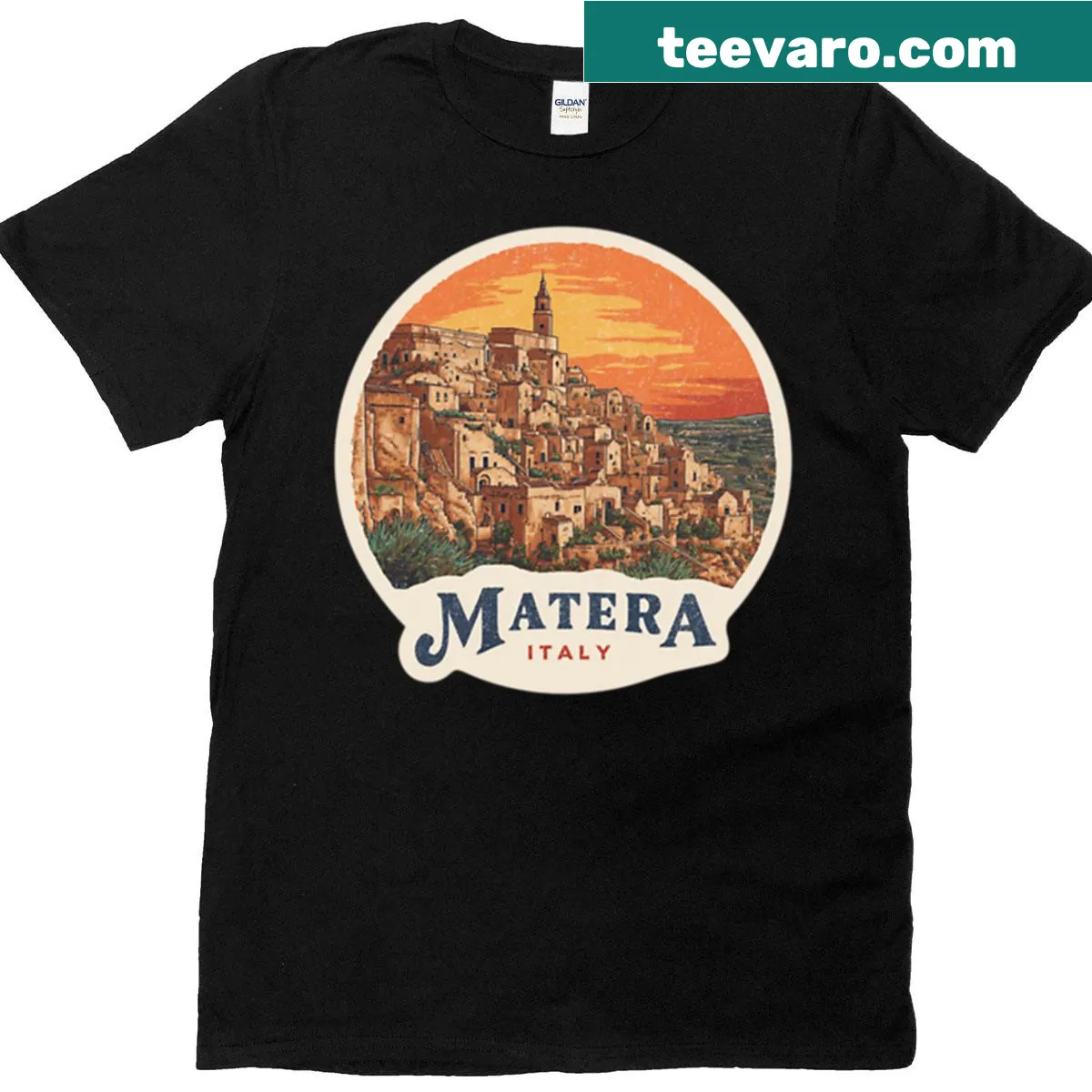 Vintage style Matera Italy travel sticker T-shirt — on a men's t-shirt