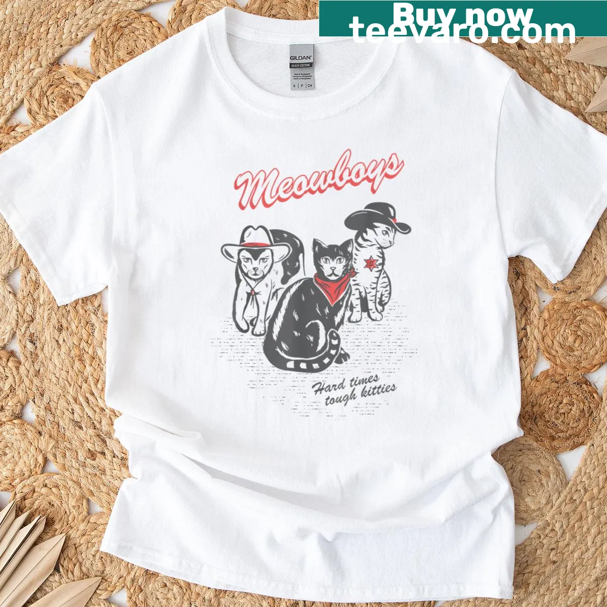 Retro T-shirt with tough kitties wearing cowboy hats — on a men's t-shirt