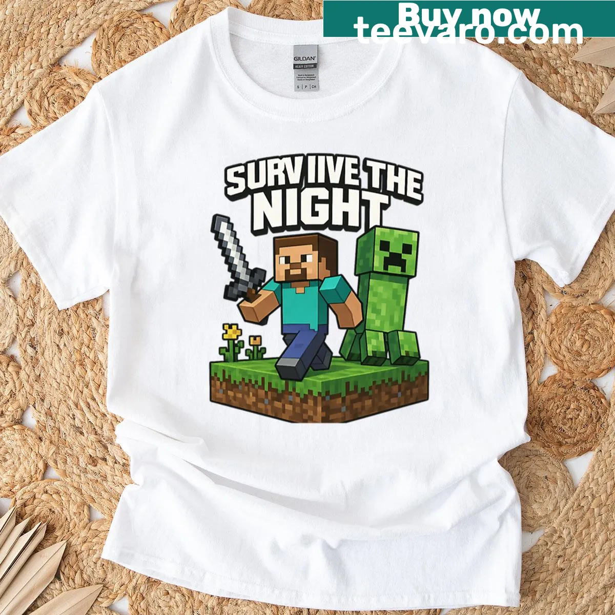 Minecraft-themed Survive The Night T-shirt design — on a men's t-shirt