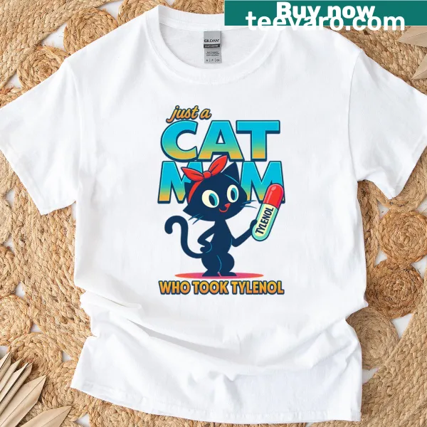 Oversized T-shirt with humorous Mom Cat Tylenol slogan in bold text.