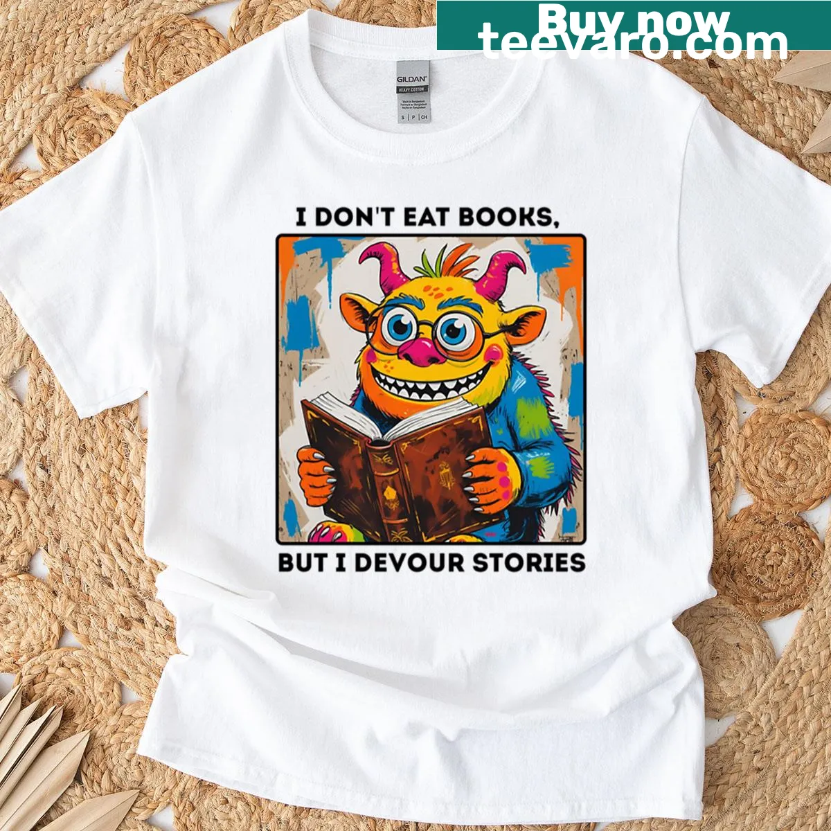 Monsters Reading Books T-shirt with playful cartoon monsters — on a men's t-shirt