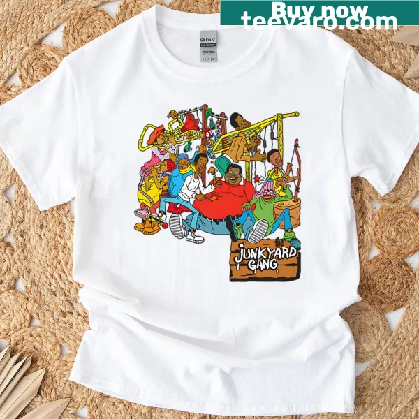 Vintage cartoon graphic with humorous movie themes on T-shirt