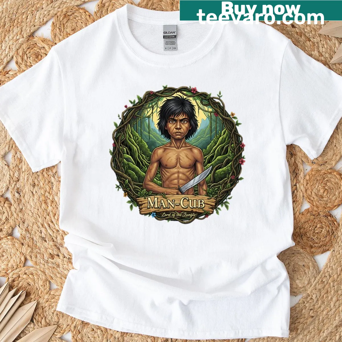 Oversized t-shirt featuring Mowgli from The Jungle Book — on a men's t-shirt