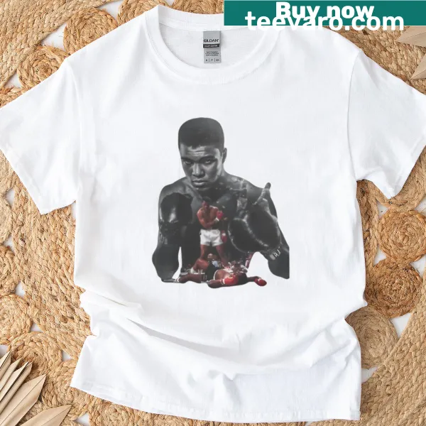 Graphic tribute to Muhammad Ali as a boxing champion on a T-shirt.