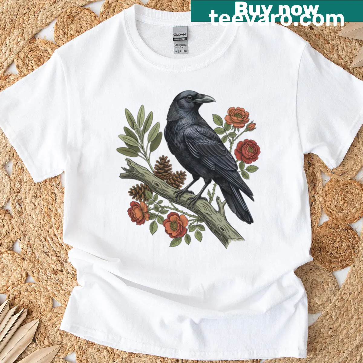 Illustration of a raven and floral design on a nature-themed T-shirt. — on a men's t-shirt