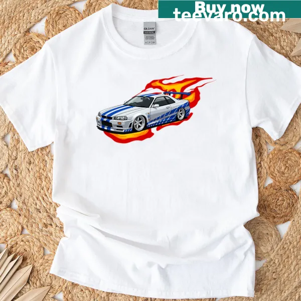 Illustration of a Nissan Skyline from Fast and the Furious on a t-shirt.