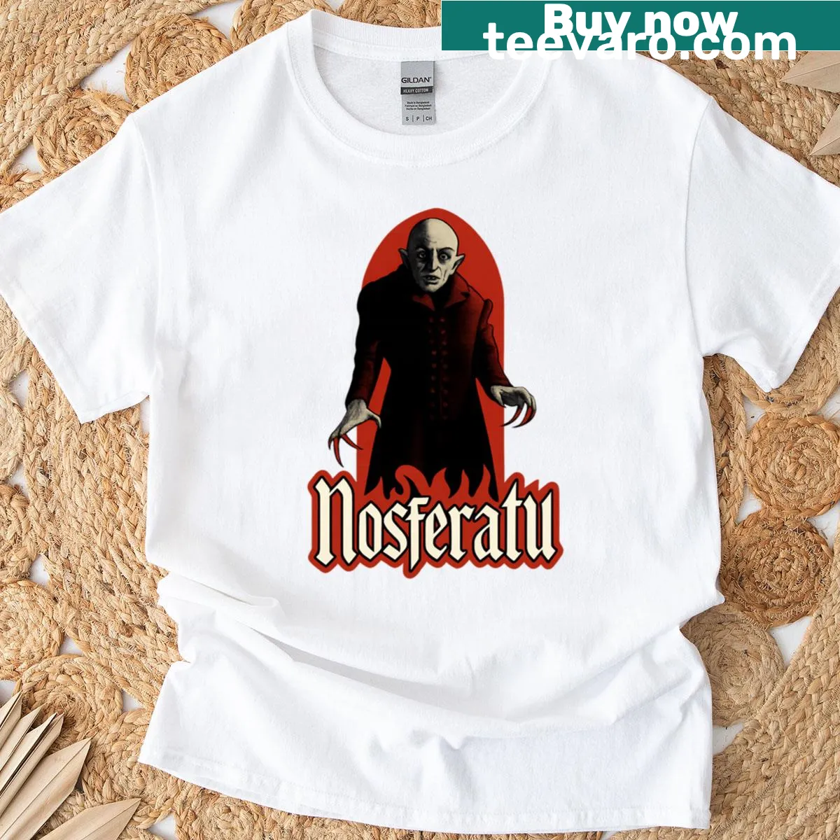 Vintage-style Nosferatu horror shirt featuring classic film imagery — on a men's t-shirt