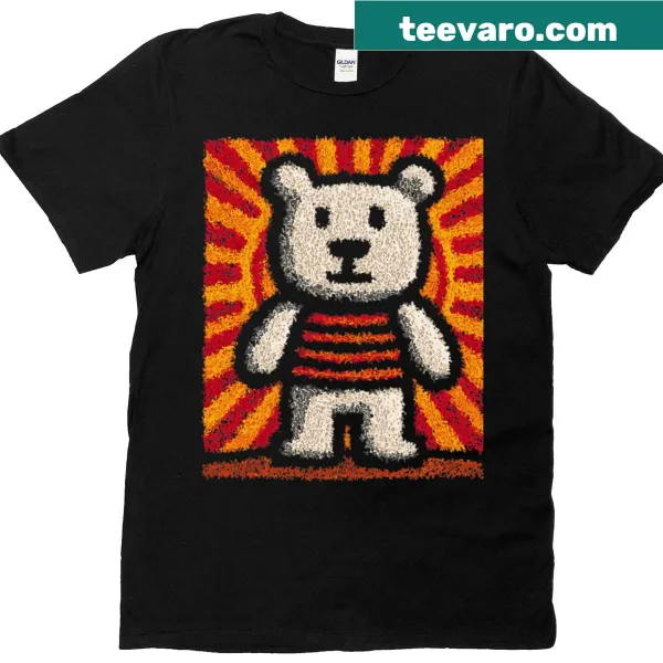 Illustrated teddy bear in folk art style on a cozy T-shirt