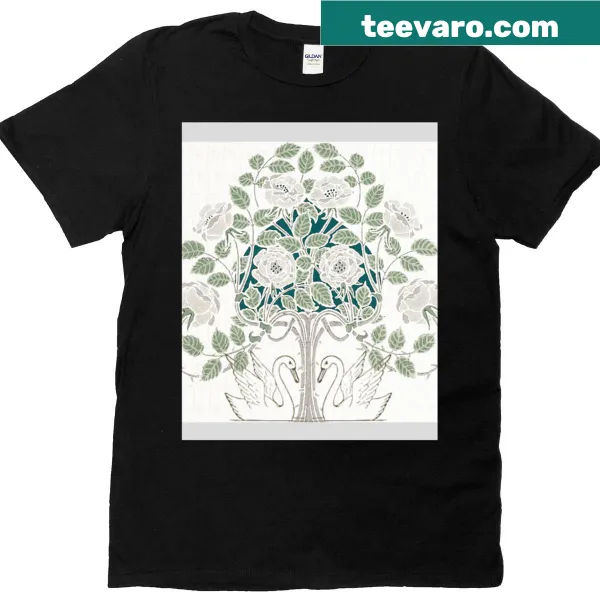 Elegant graphic of topiary swans on a T-shirt