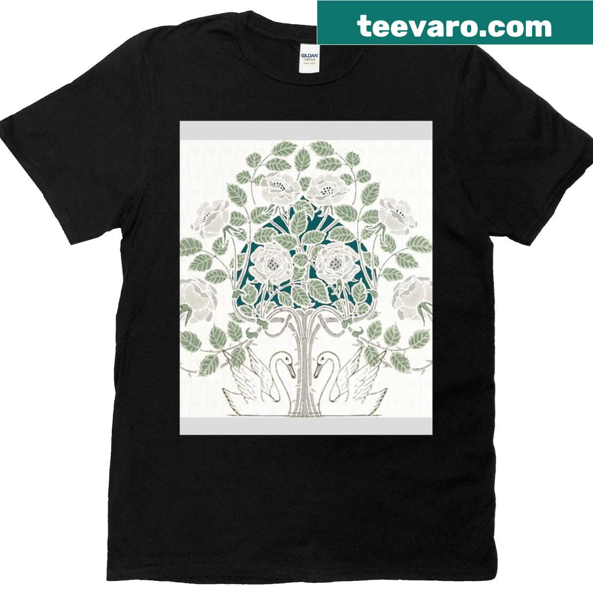 Elegant graphic of topiary swans on a T-shirt — on a men's t-shirt