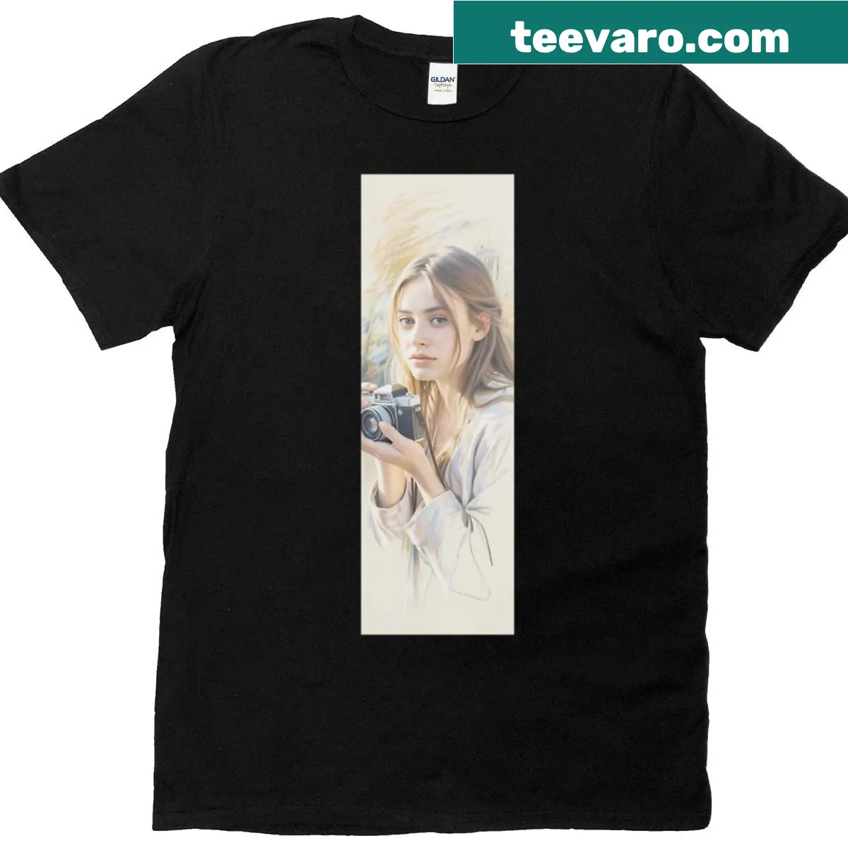 Pastel illustration of a camera girl on a stylish t-shirt — on a men's t-shirt