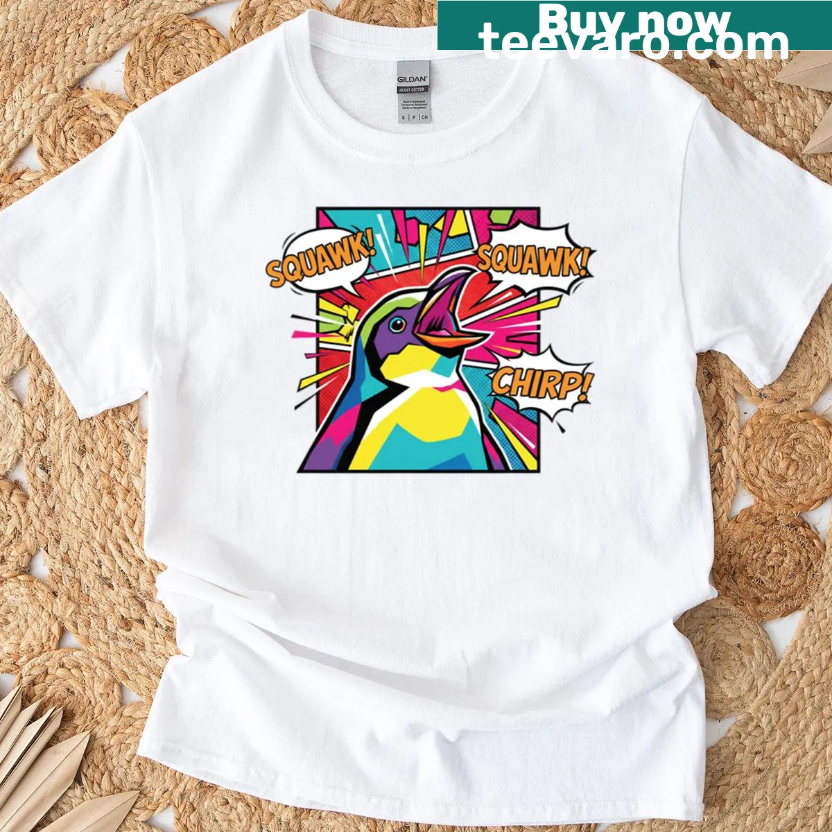 Pop art penguin graphic on an oversized T-shirt — on a men's t-shirt