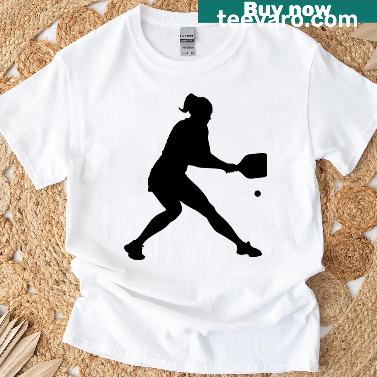 Silhouette design t-shirt depicting a female pickleball player — on a men's t-shirt