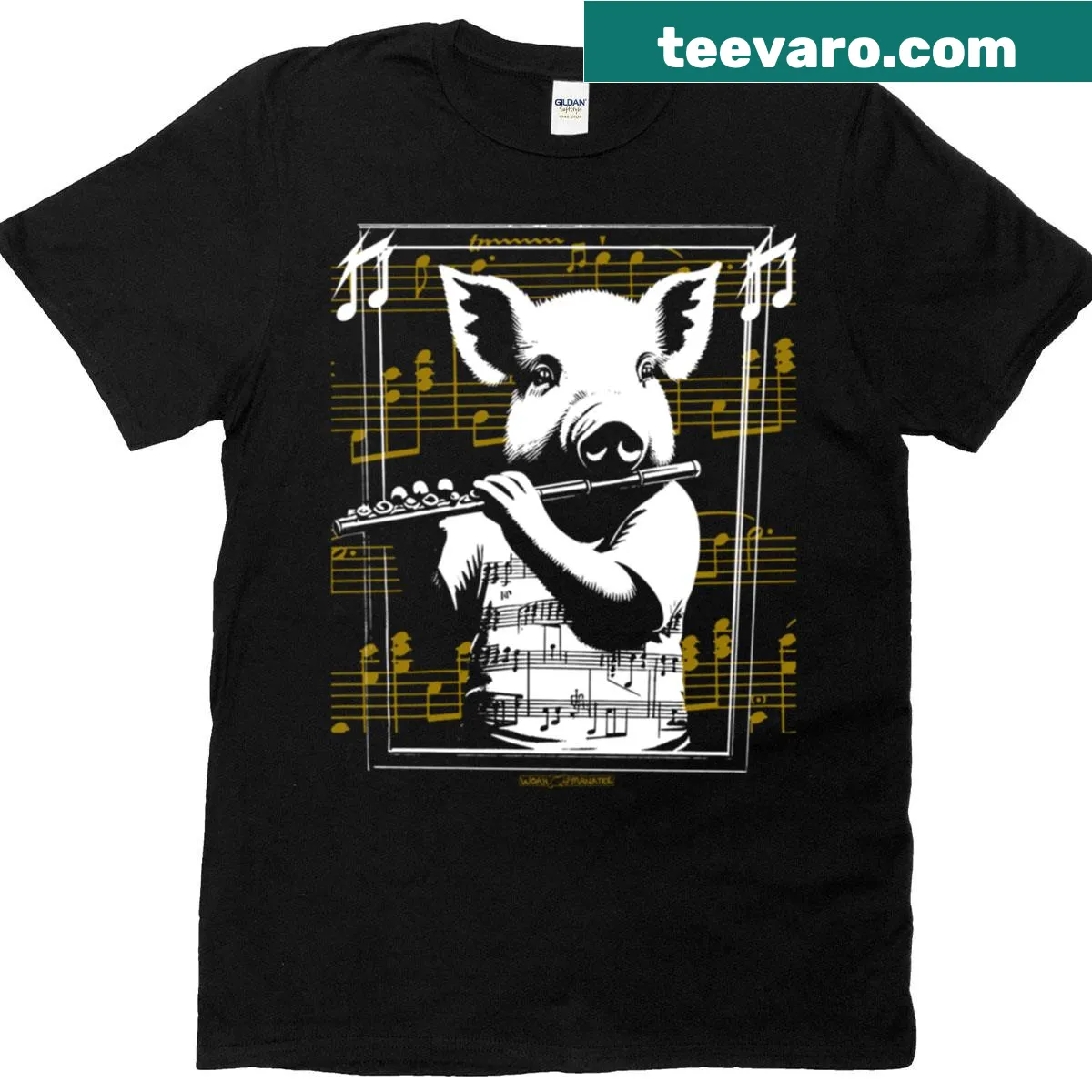 Cartoon T-shirt with a pig playing a flute — on a men's t-shirt