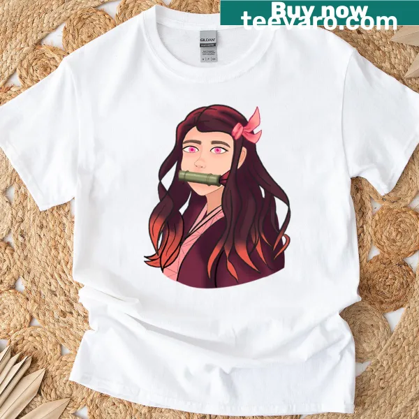 Stylized illustration of a girl with pink eyes on a t-shirt