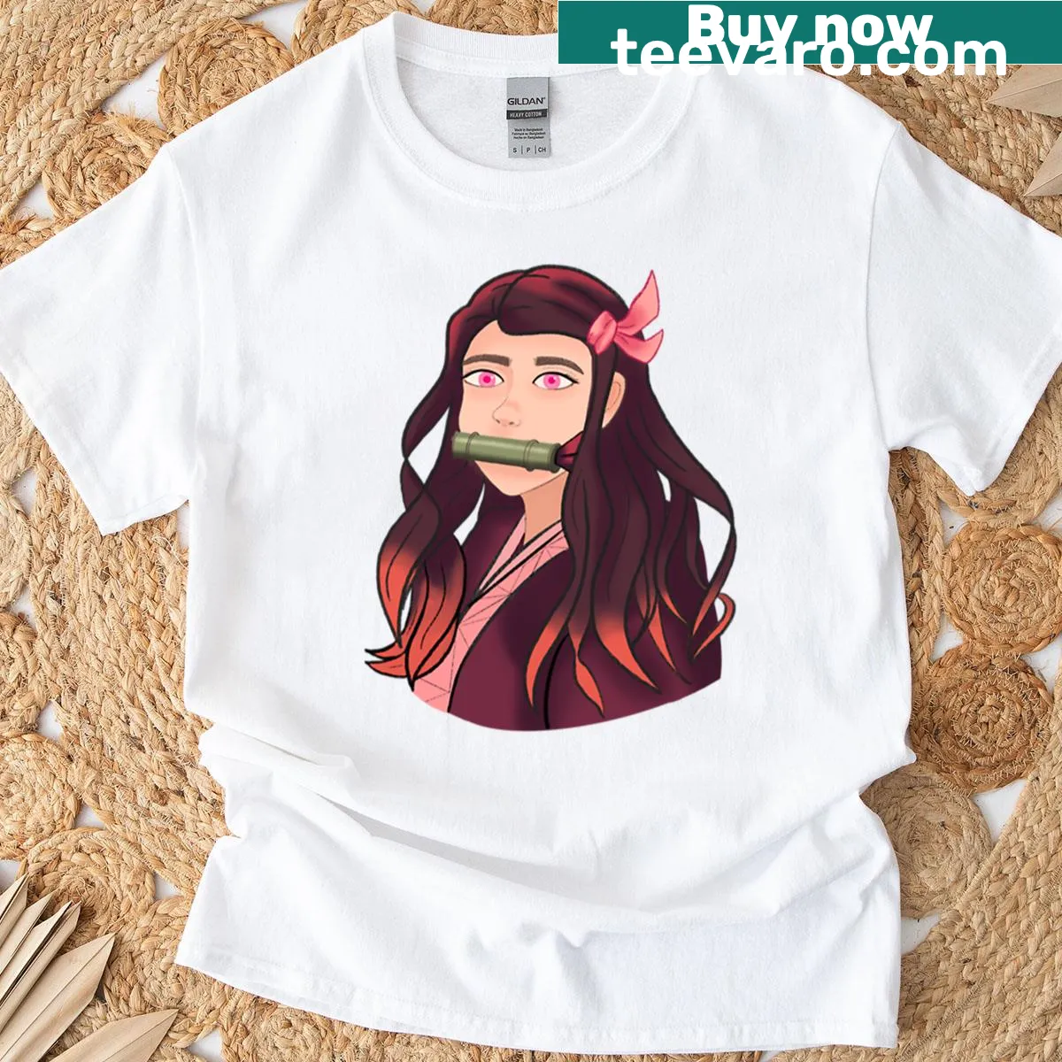 Stylized illustration of a girl with pink eyes on a t-shirt — on a men's t-shirt