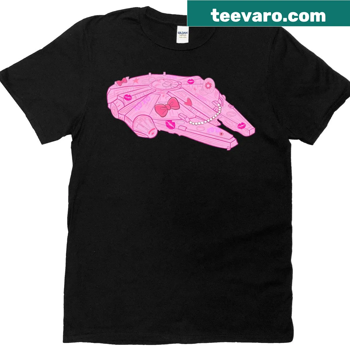 Cute T-shirt featuring a pink spaceship in a sci-fi style — on a men's t-shirt