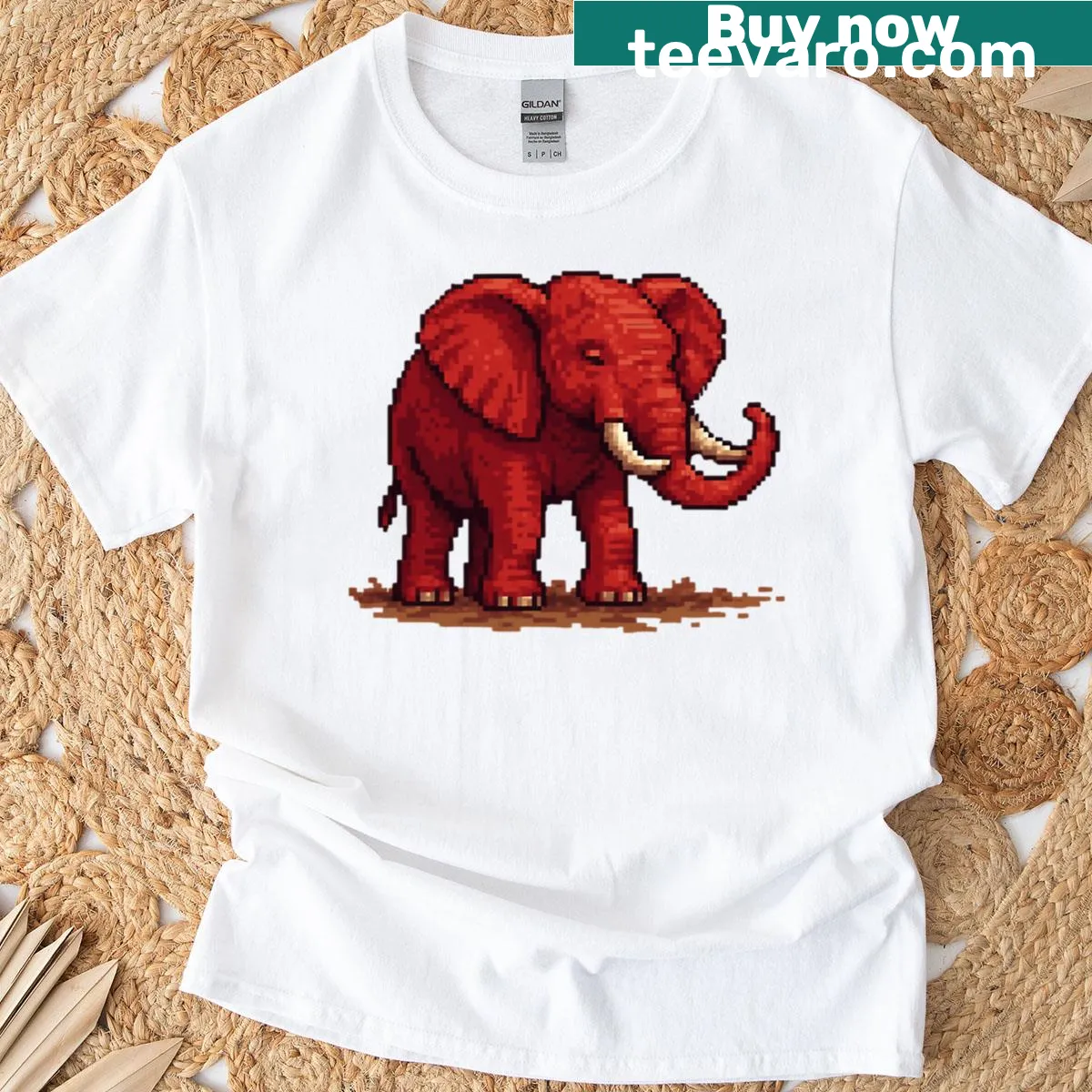 Pixel art T-shirt featuring a red elephant with ivory tusks design. — on a men's t-shirt