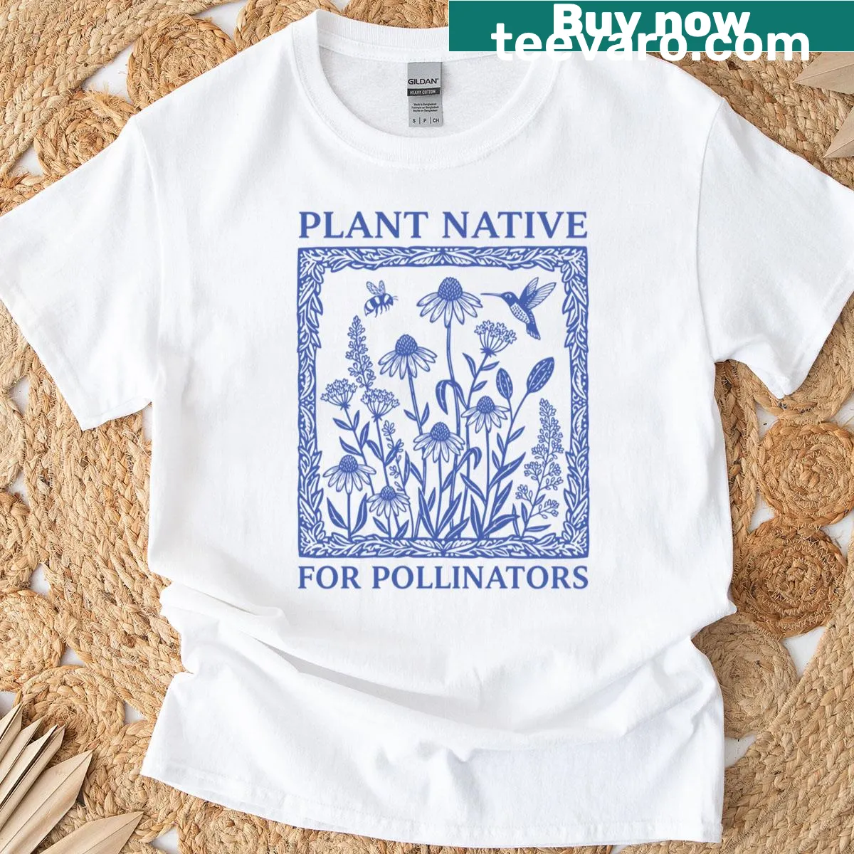 Floral illustration promoting native plants for pollinators on a t-shirt — on a men's t-shirt