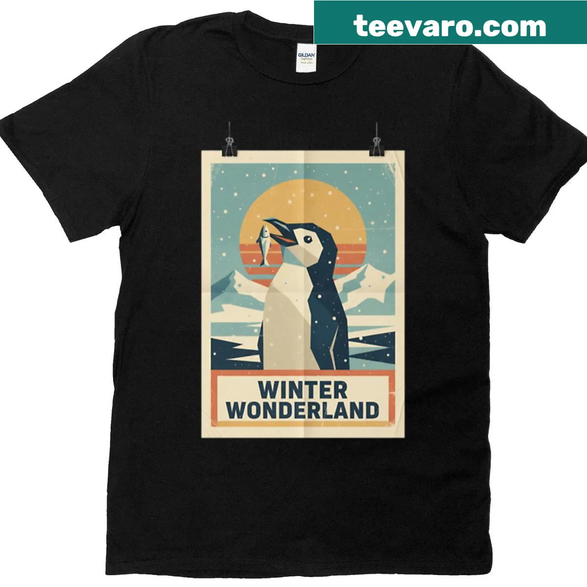 Cute T-shirt featuring a polar penguin in a snowy winter scene. — on a men's t-shirt