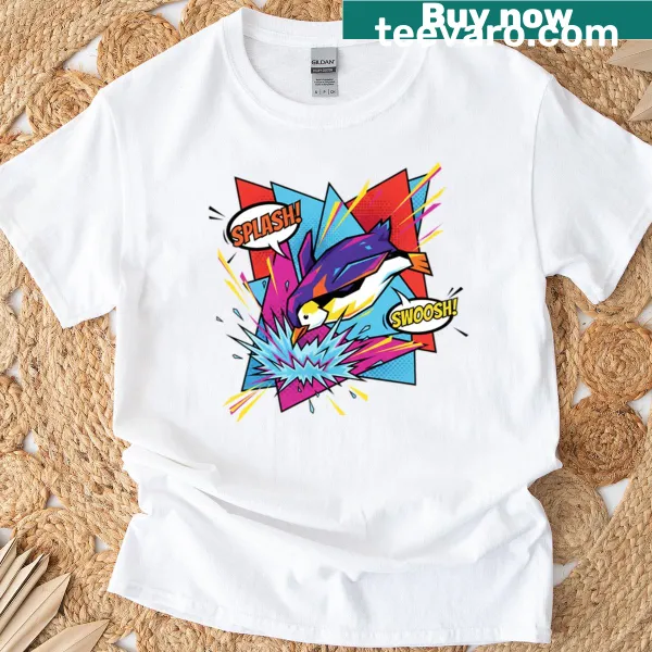 Pop art penguin jumping into the water graphic t-shirt