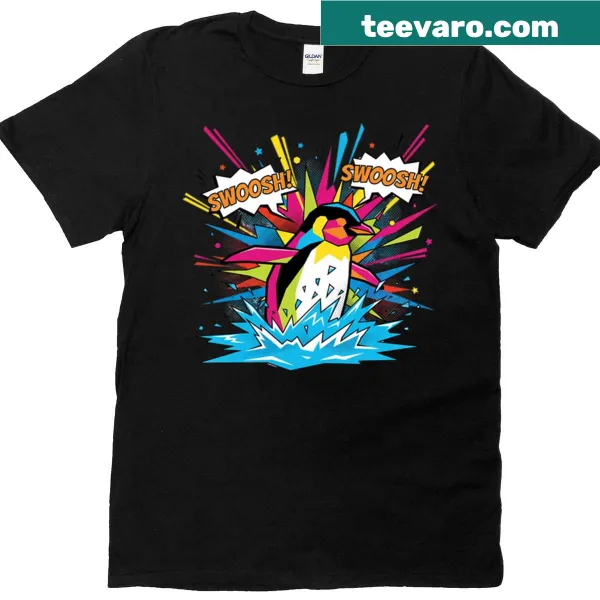 Playful pop art penguin jumping energetically on a t-shirt