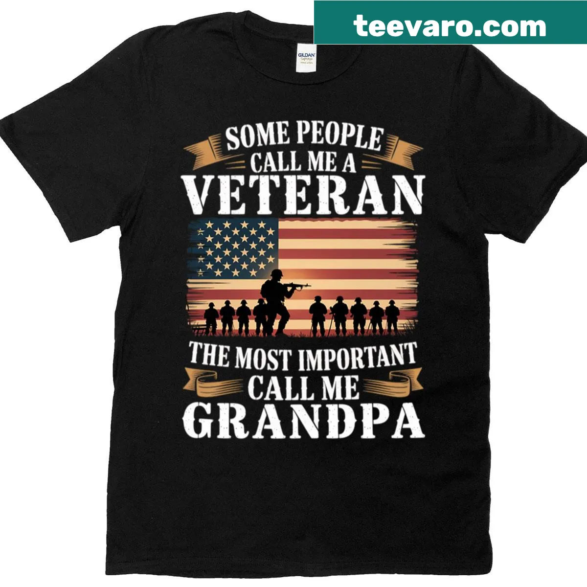 T-shirt with bold text Proud Veteran Grandpa for Father's Day — on a men's t-shirt