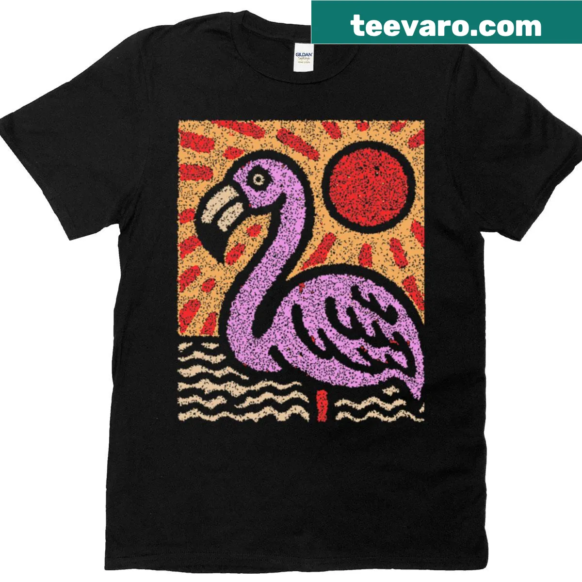 Psychedelic flamingo design on a retro-style T-shirt — on a men's t-shirt