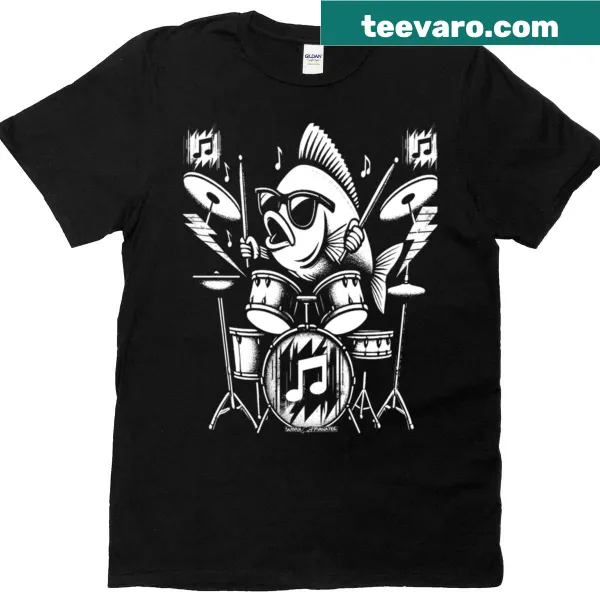 Cartoon fish drummer in a punk style on a T-shirt