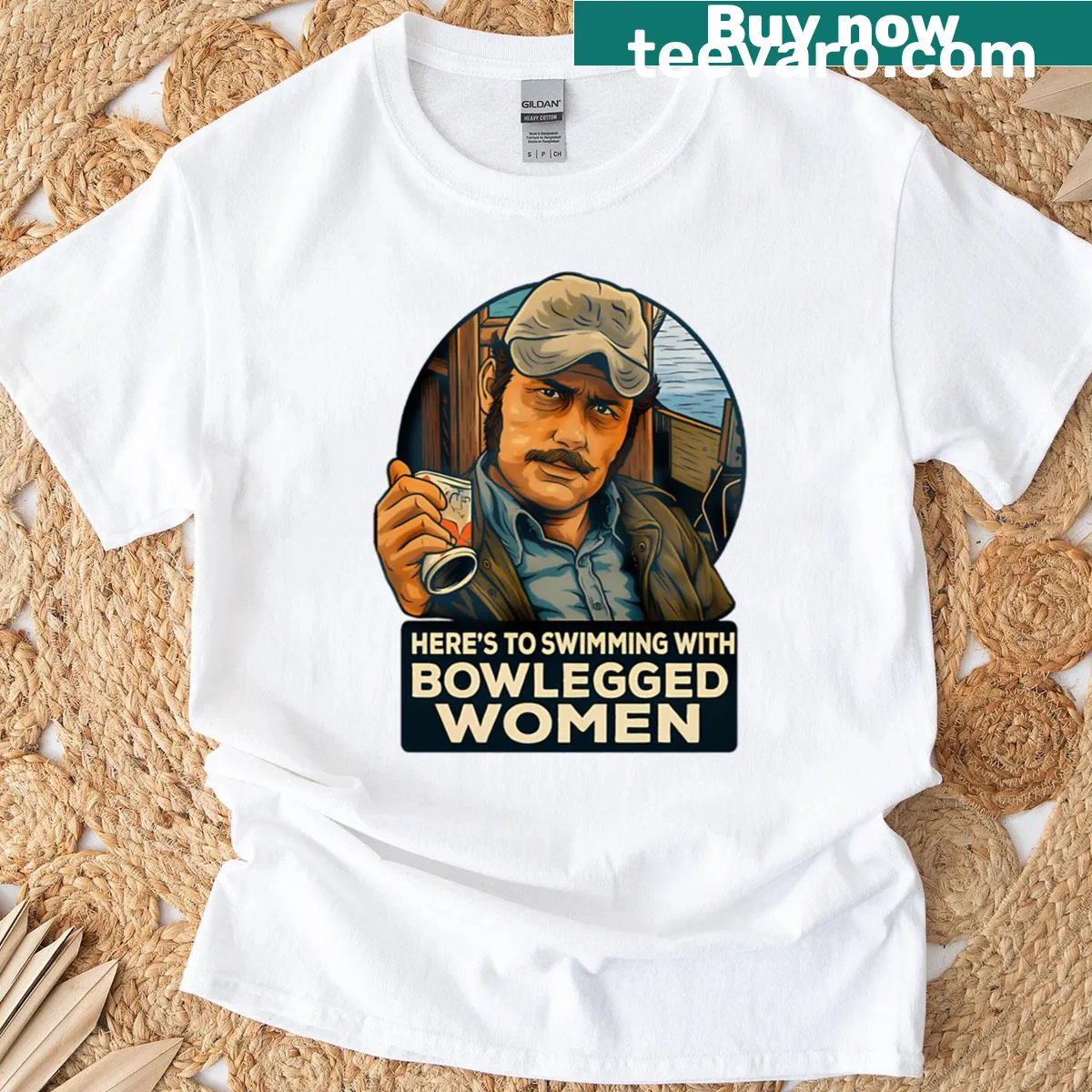 Illustrated shark hunter graphic t-shirt — on a men's t-shirt