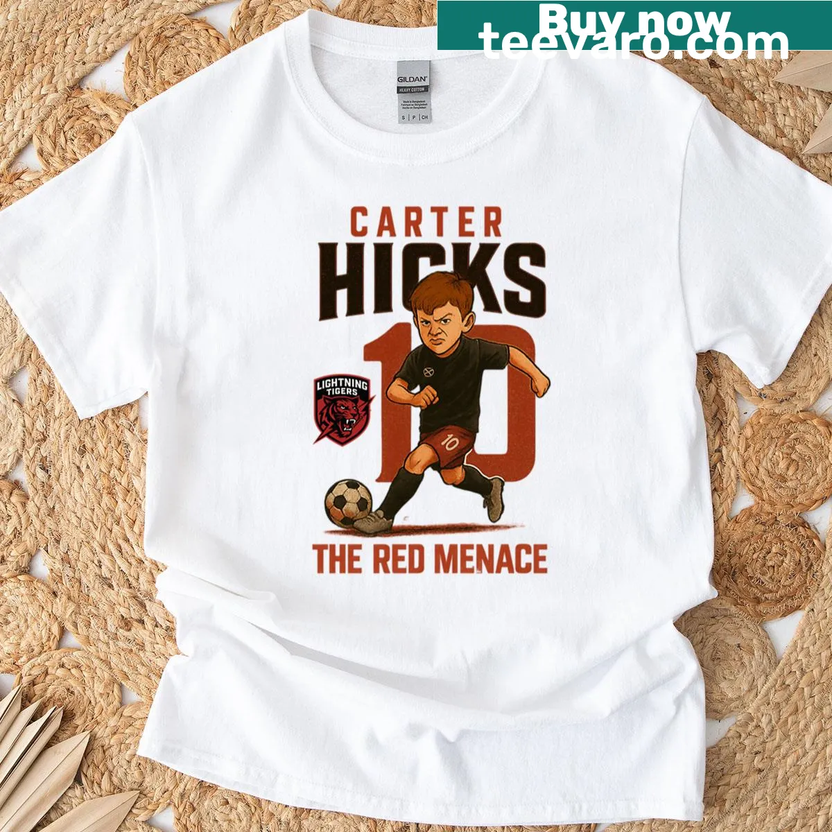 Dynamic T-shirt design inspired by retro gaming with Red Menace theme. — on a men's t-shirt