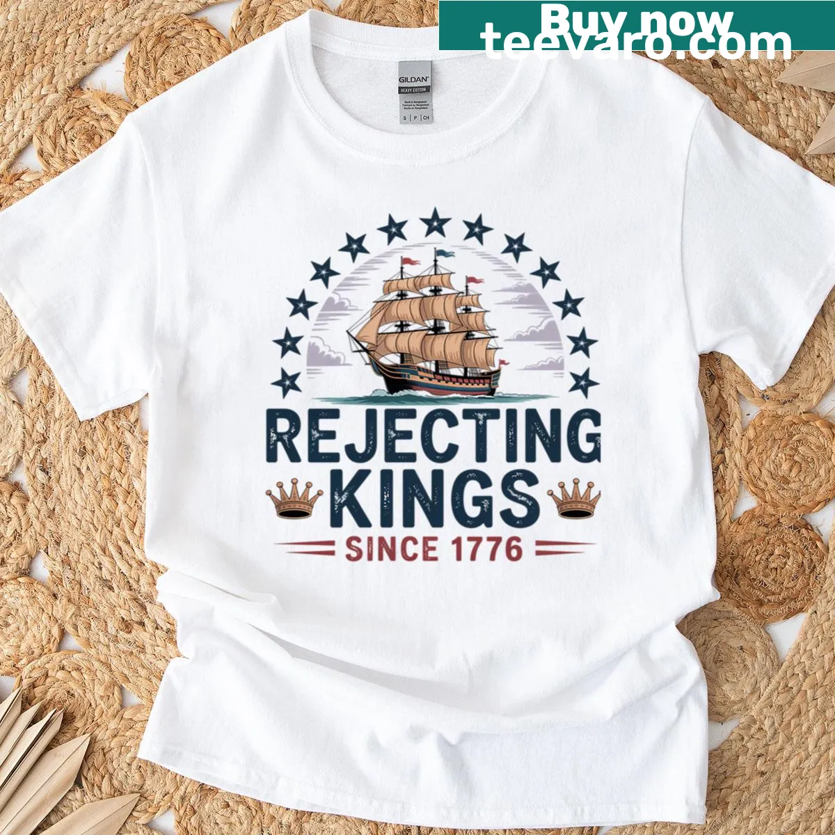 Typographic tee stating 'Rejecting Kings Since 1776' — on a men's t-shirt