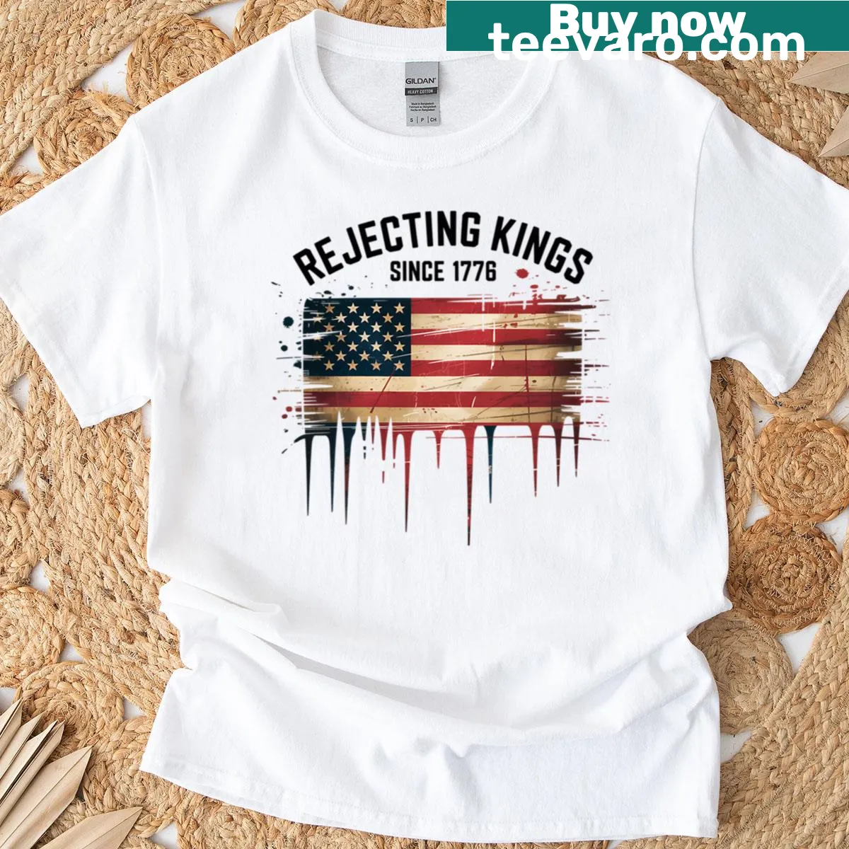 Protest tee with bold text 'Rejecting Kings Since 1776' — on a men's t-shirt
